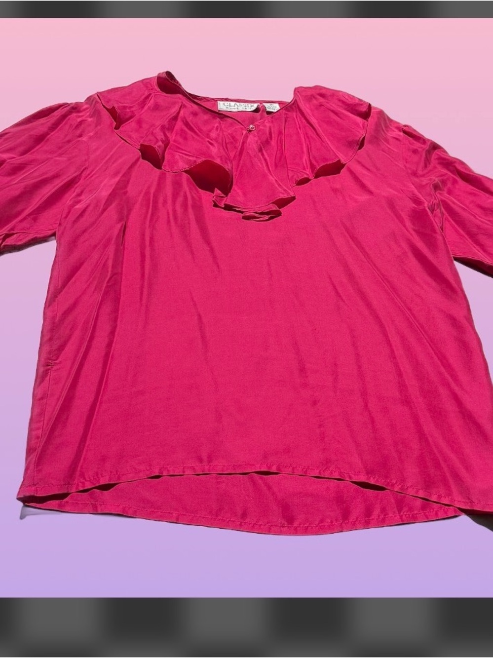 Women’s medium Silk Ruffle button V-Neck Blouse & shoulder pads - Fuchsia Pink